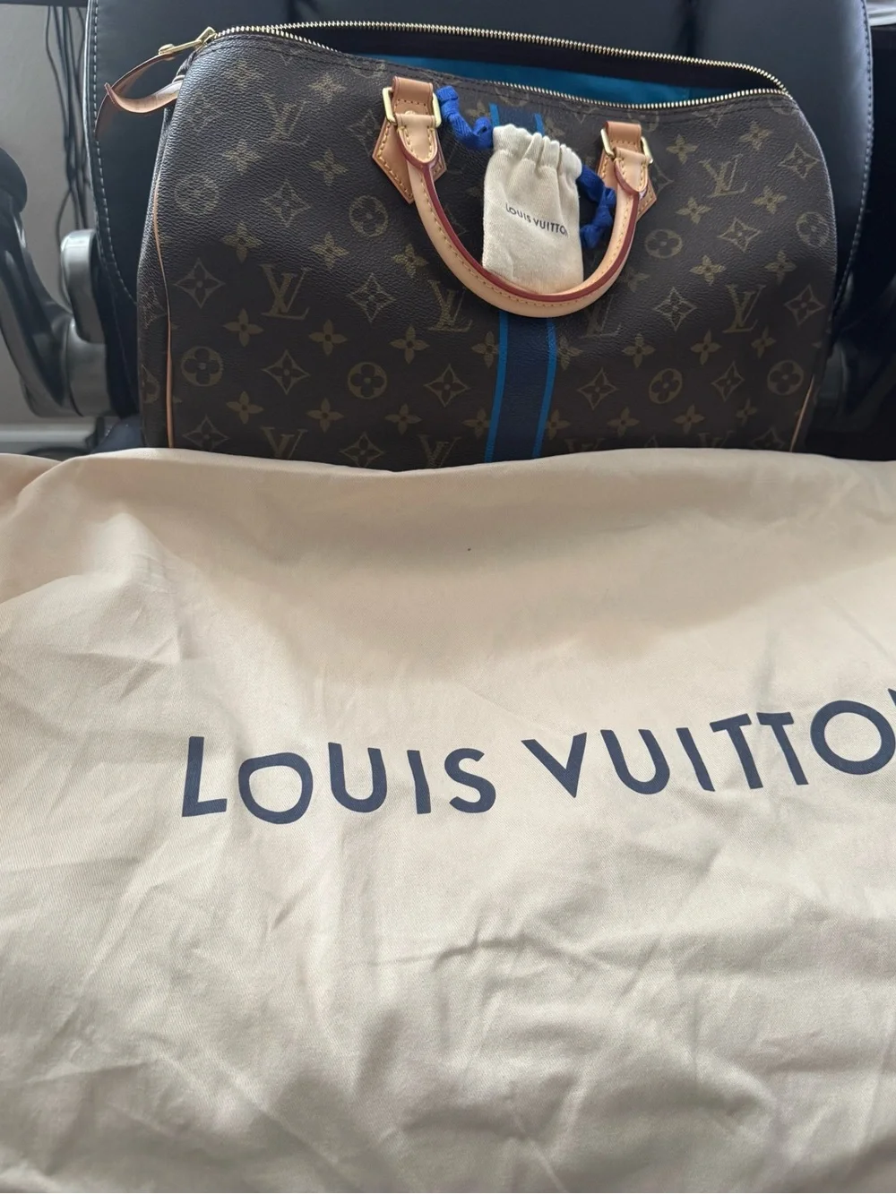Louis Vuitton Brown Monogram Tote with Blue Racing Stripe